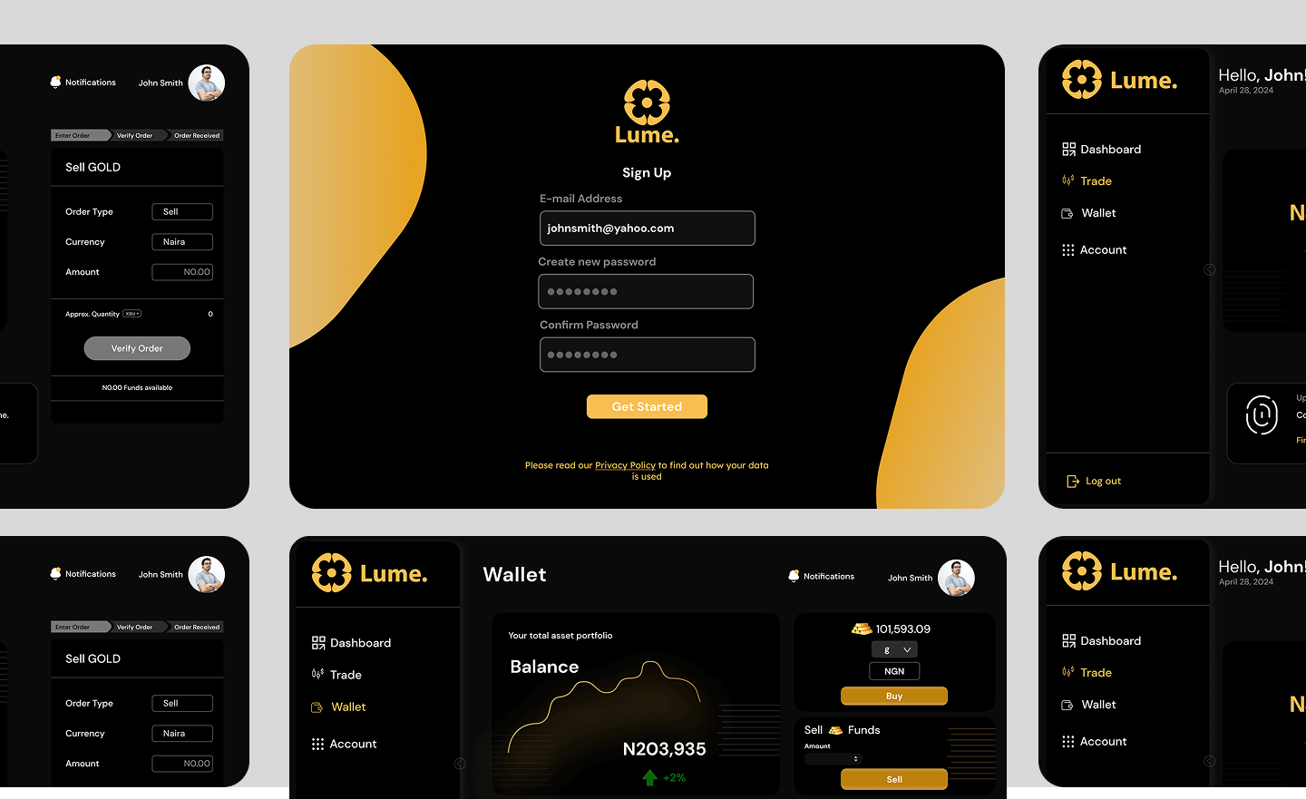 Lume home and profile screens